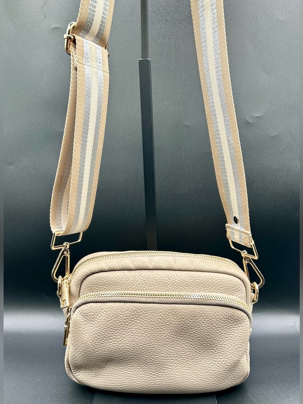 POM POM LONDON Original Mayfair Crossbody Bag Pebbled Leather Stone color.